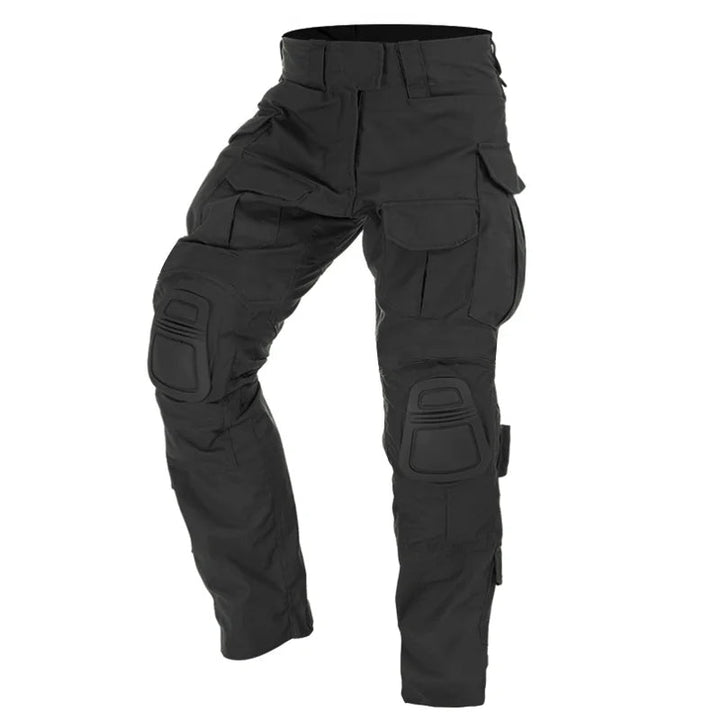 Functionele heren broek: tactische cargo met camouflagepatroon, versterkte knieën voor comfort en bescherming.