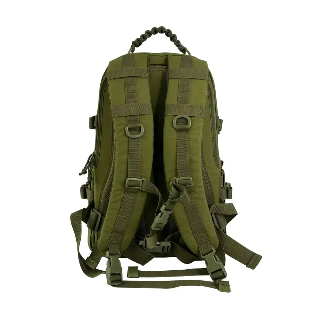 Zwarte tactische heren rugzak met MOLLE systeem, perfect voor avontuur en militair gebruik.