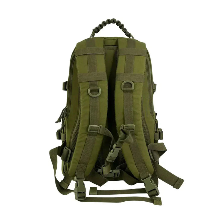 Zwarte tactische heren rugzak met MOLLE systeem, perfect voor avontuur en militair gebruik.