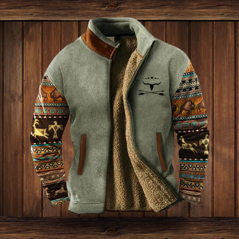 Stijlvol heren ritsvest, teddy stof, vintage look. Comfortabele outdoor kleding of casual tussenjas.