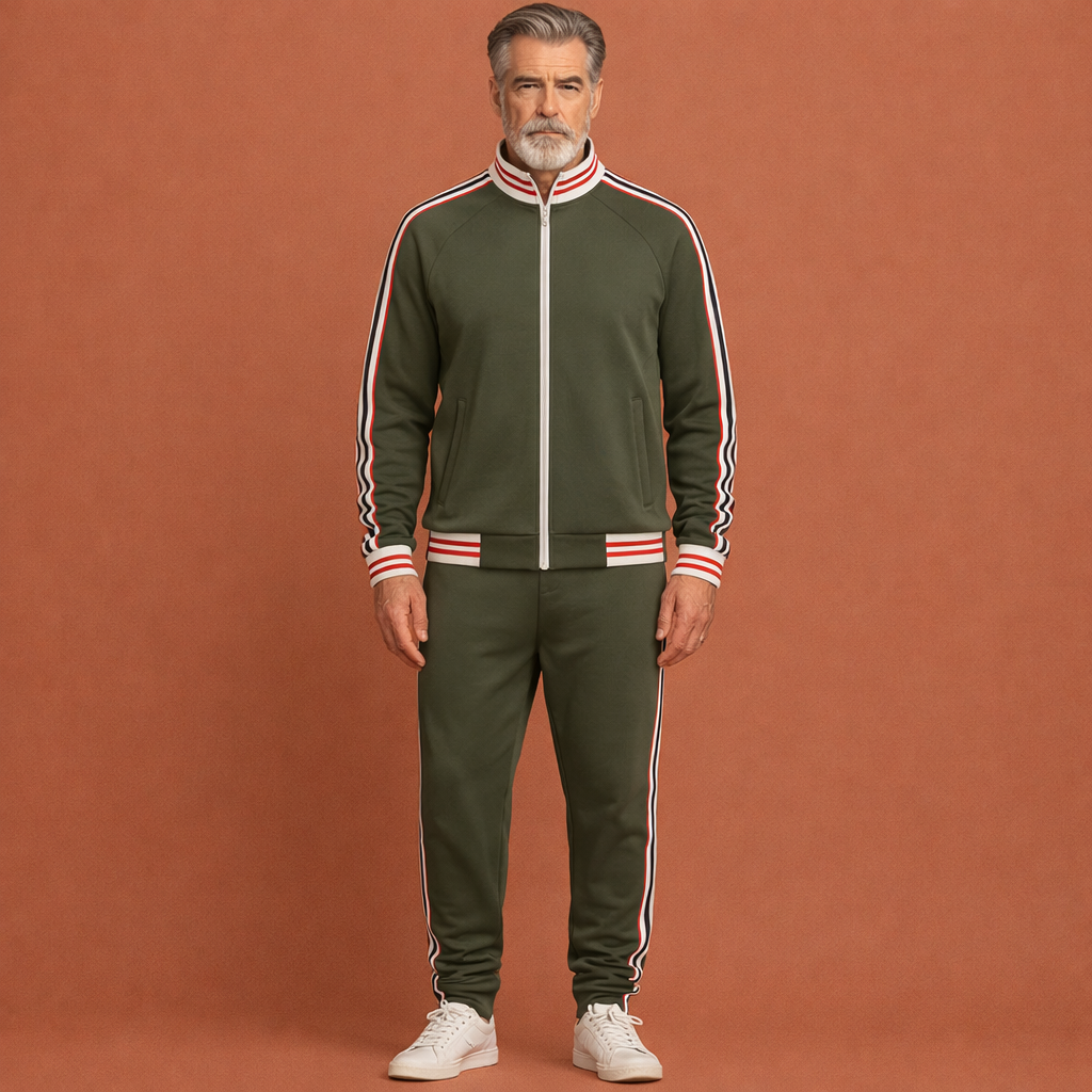 Sportief heren trainingspak met contrasterende strepen. Deze comfortabele set is ideaal voor vrije tijd en sport.