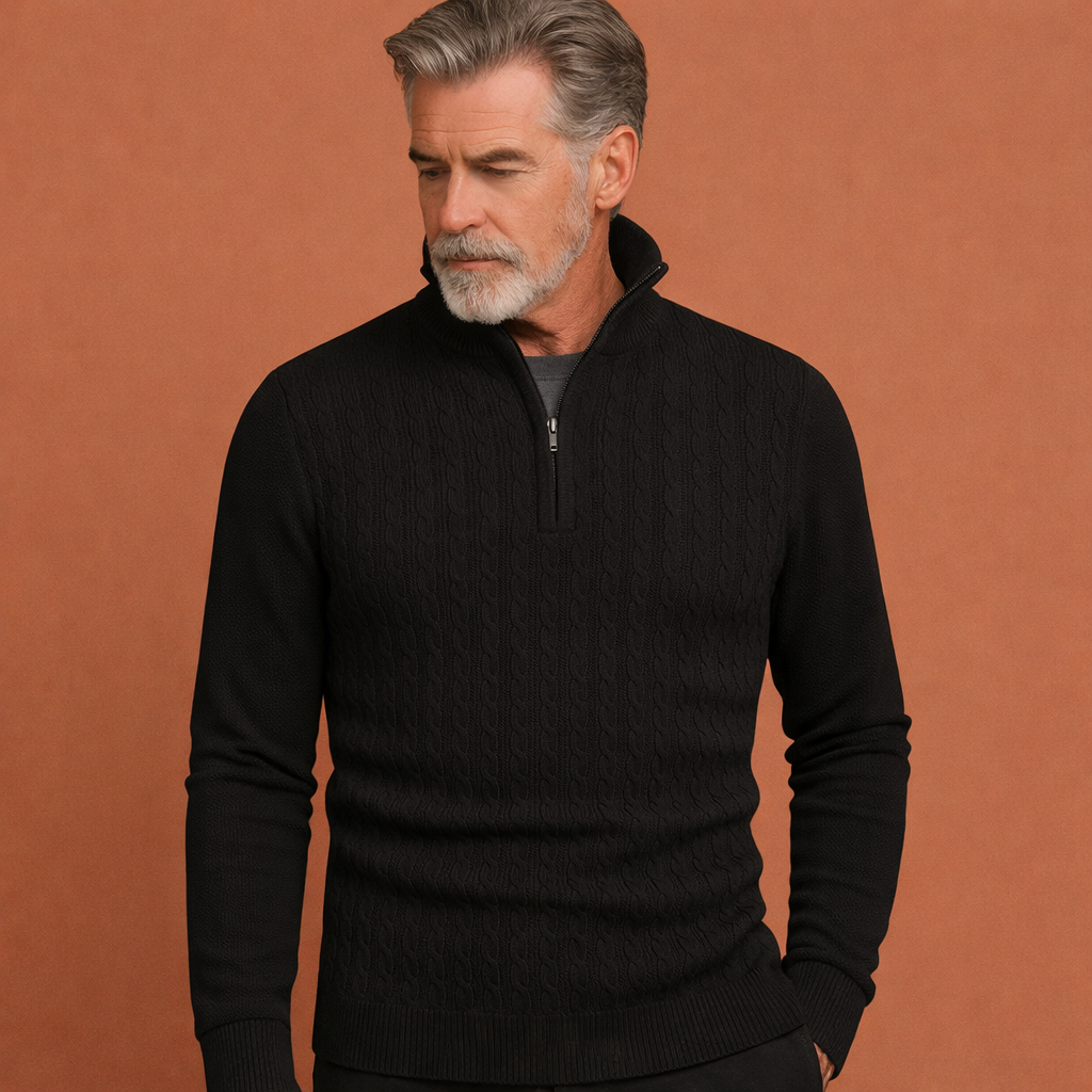 Tijdloze heren pullover met kabelpatroon, een must-have voor je warme en modieuze wintergarderobe.