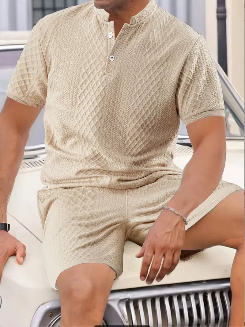 Heren tweedelige zomerset met jacquard patroon, comfortabel voor casual gelegenheden.