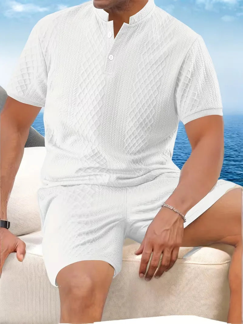 Beige heren zomerset: tweedelig jacquard kleding voor casual zomer dagen.