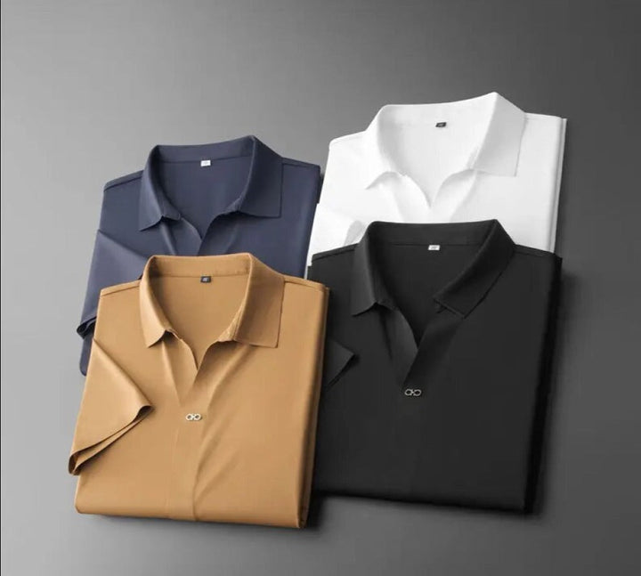 Heren tweeledige set: linnen poloshirt en pantalon in beige, perfect voor zomerse casual luxe.