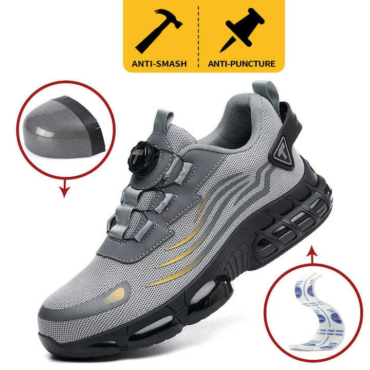 Heren veiligheidssneakers met stalen neus, zwarte stof en draaisluiting, zijzicht.