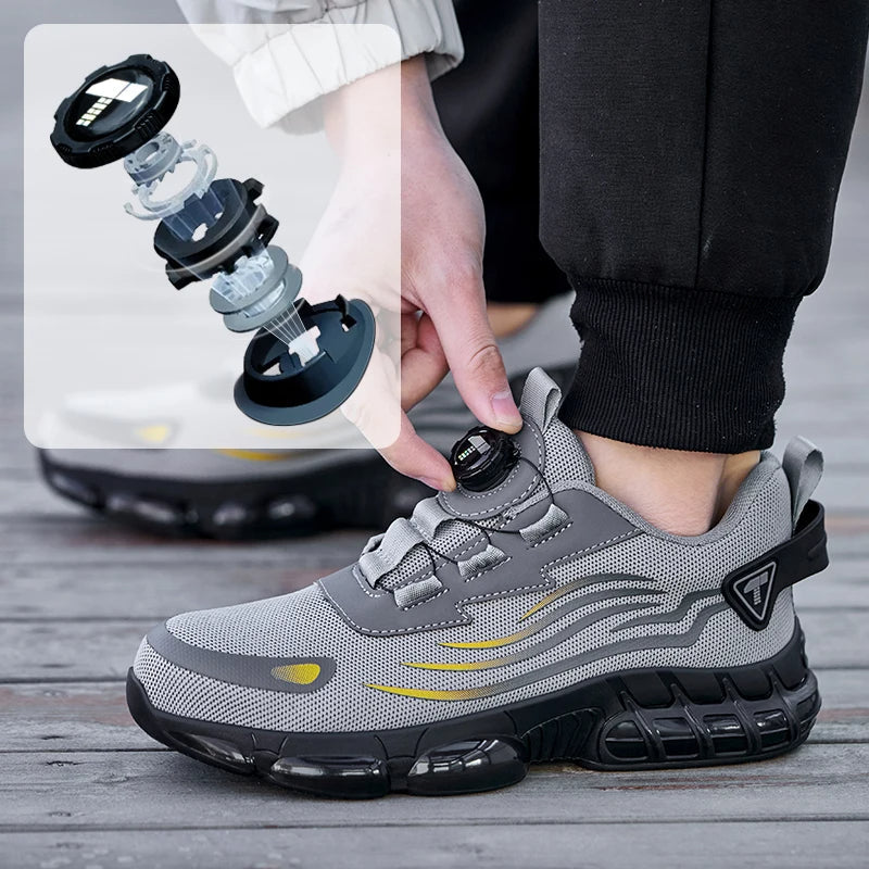 Bovenaanzicht van ademende heren veiligheidssneakers met stalen neus, veters en draaisluiting.