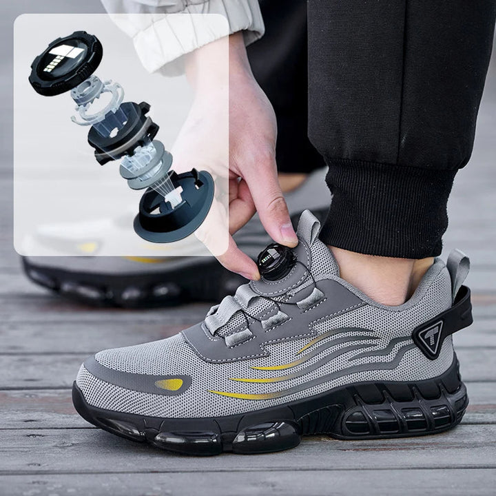 Bovenaanzicht van ademende heren veiligheidssneakers met stalen neus, veters en draaisluiting.