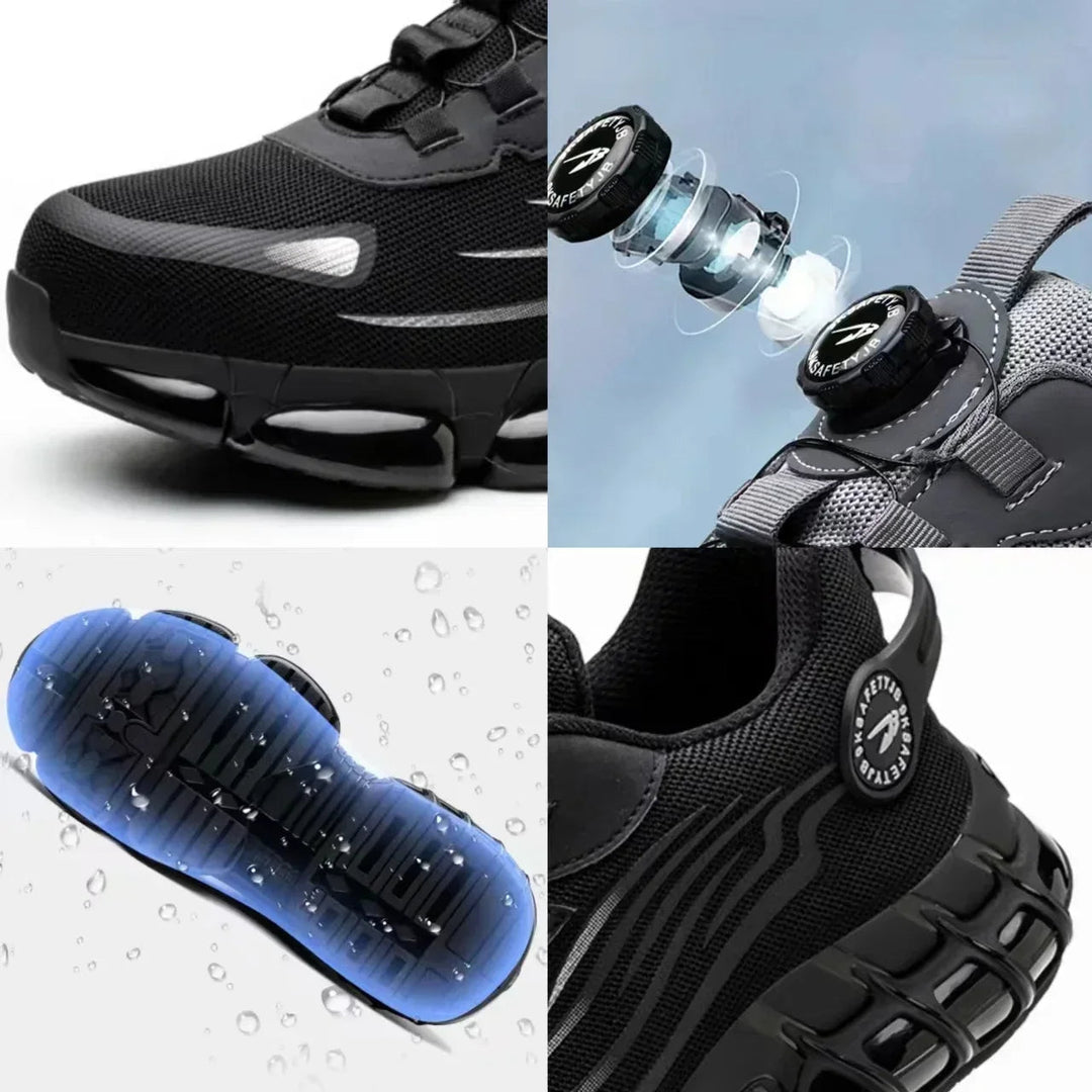 Zwarte en grijze heren veiligheidssneakers met draaisluiting, ademend mesh en stevige zool.
