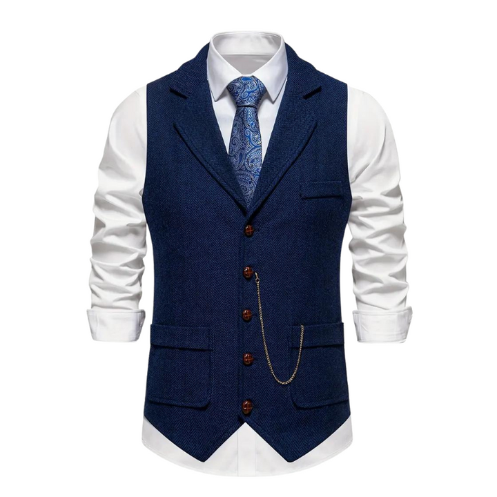 "Heren vintage vest in visgraat tweed, klassieke stijl met elegante revers, perfect voor elke gelegenheid, comfort en duurzaa