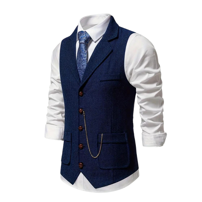 "Heren vintage vest in visgraat tweed, klassieke stijl met elegante revers, perfect voor elke gelegenheid, comfort en duurzaa