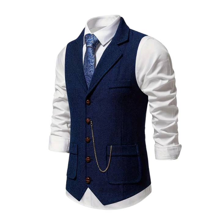 "Heren vintage vest in visgraat tweed, klassieke stijl met elegante revers, perfect voor elke gelegenheid, comfort en duurzaa