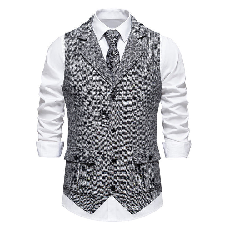 Heren vest met knoopsluiting en klassieke details, vintage flair, perfect voor een smart-casual of formeel ensemble.