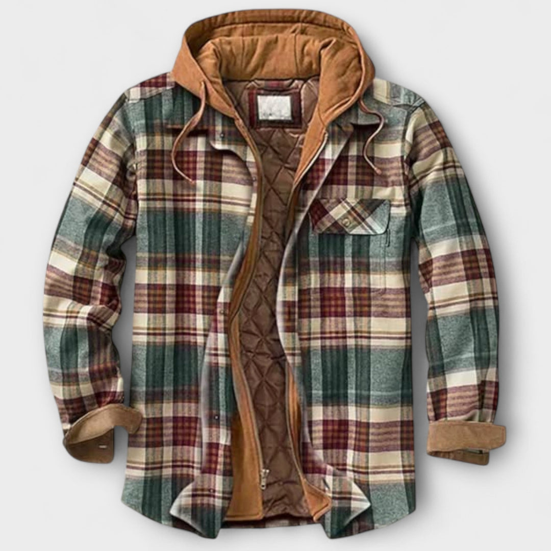Casual heren winterjas: geruite houthakkersjas met capuchon, warm en comfortabel voor buitenactiviteiten.
