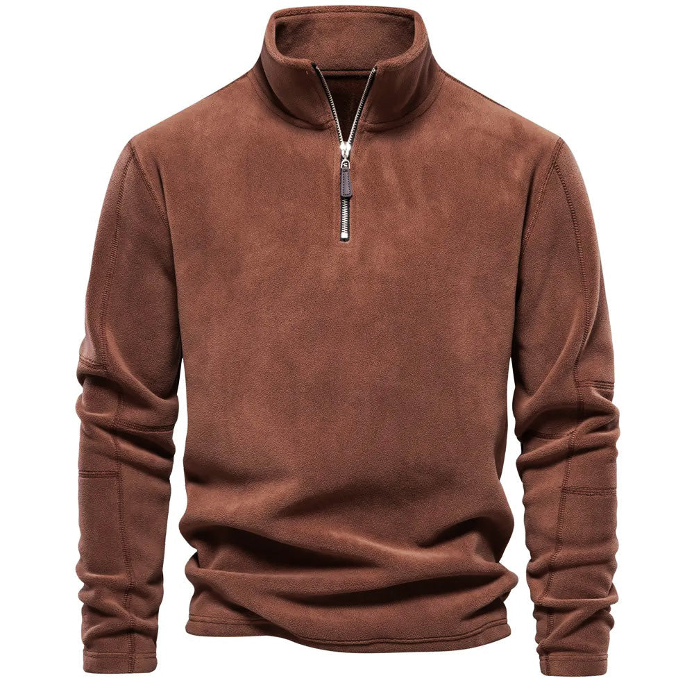Beige heren pullover met halve rits. Stijlvolle warme trui voor herfst of wintermode.