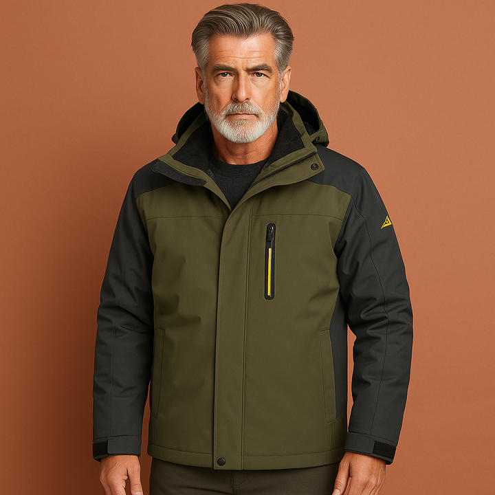 Heren warme waterdichte outdoorjas met capuchon; ideaal voor winter, wandelen en kamperen, comfortabel en ademend.