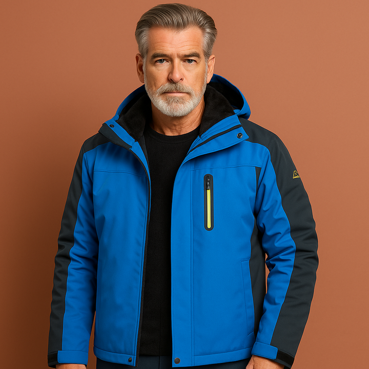 Comfortabele heren waterdichte winterjas met capuchon voor buitenactiviteiten zoals wandelen, kamperen en sport.