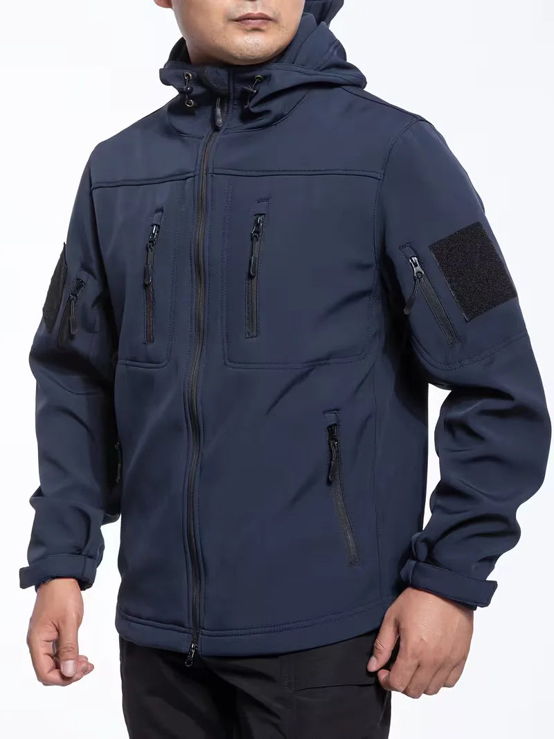 Stijlvolle heren winterjas, donkerblauw, met capuchon, regular fit.