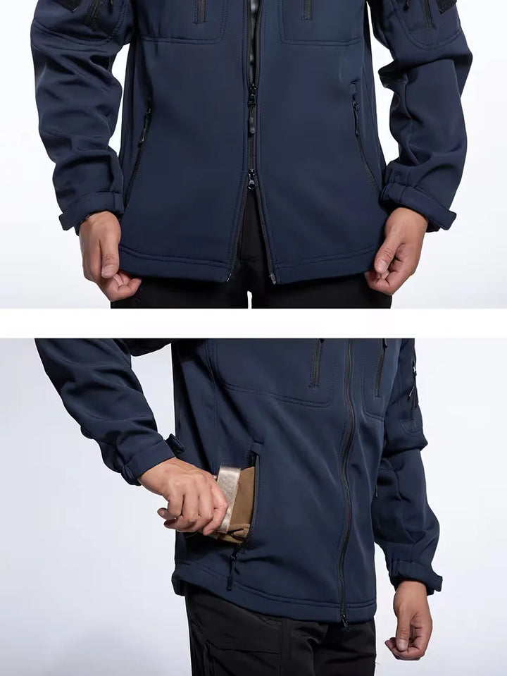 Warme heren parka voor outdoor avonturen, zijzicht, met lange mouwen.