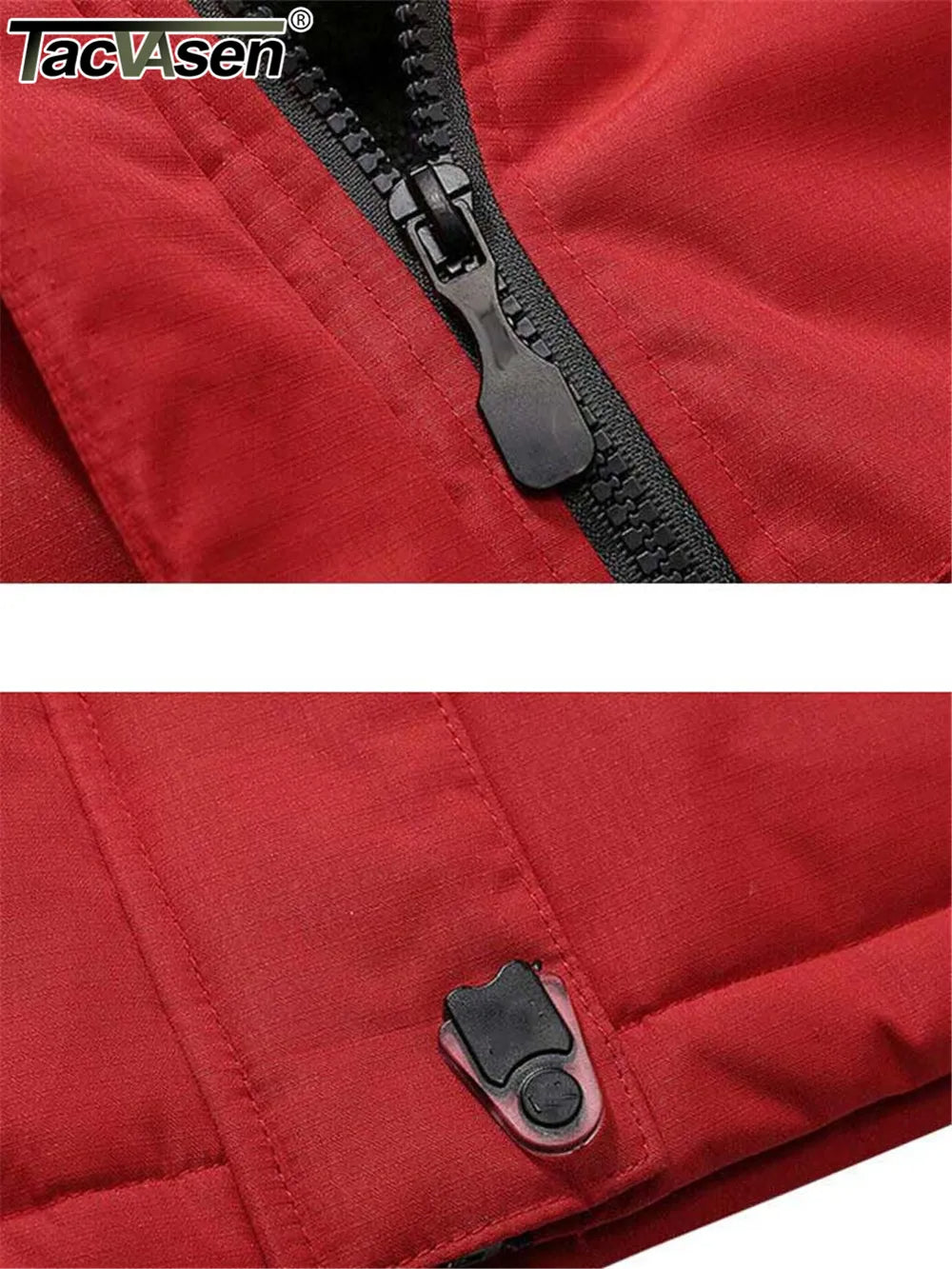 Detail van de afneembare capuchon en hoge kraag van een waterdichte heren winterparka.