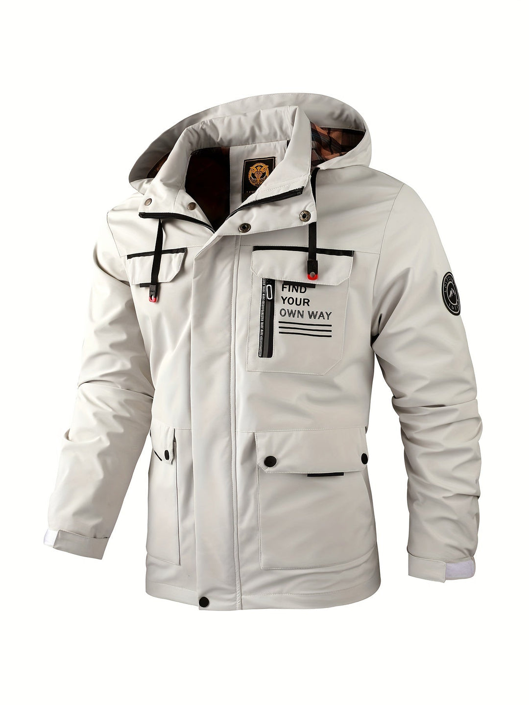 Model draagt winddichte heren winterjas tijdens wandeling, toont functionaliteit en stijl.