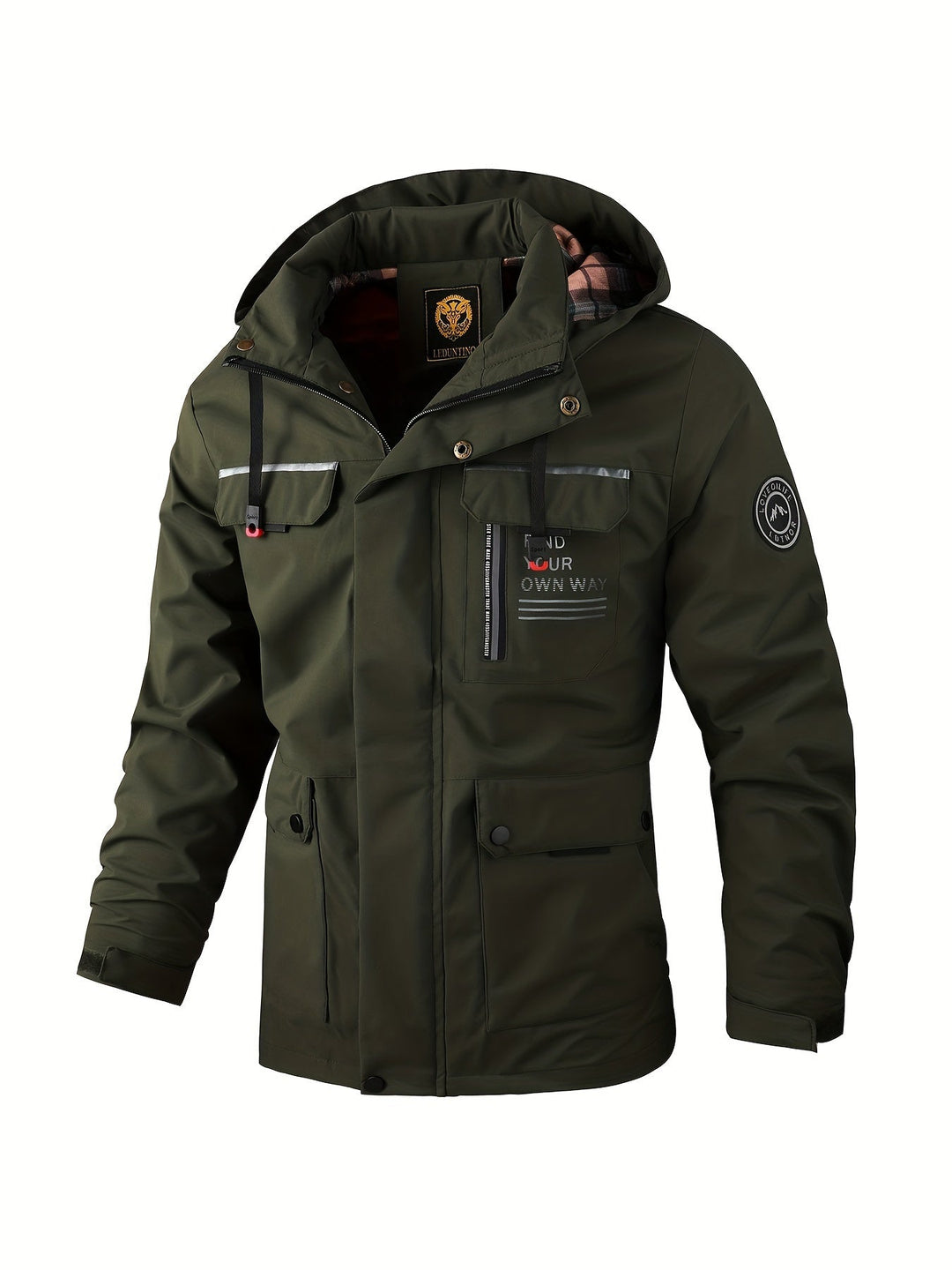 Zijaanzicht van de heren waterdichte winterjas, met aandacht voor de ergonomische pasvorm.