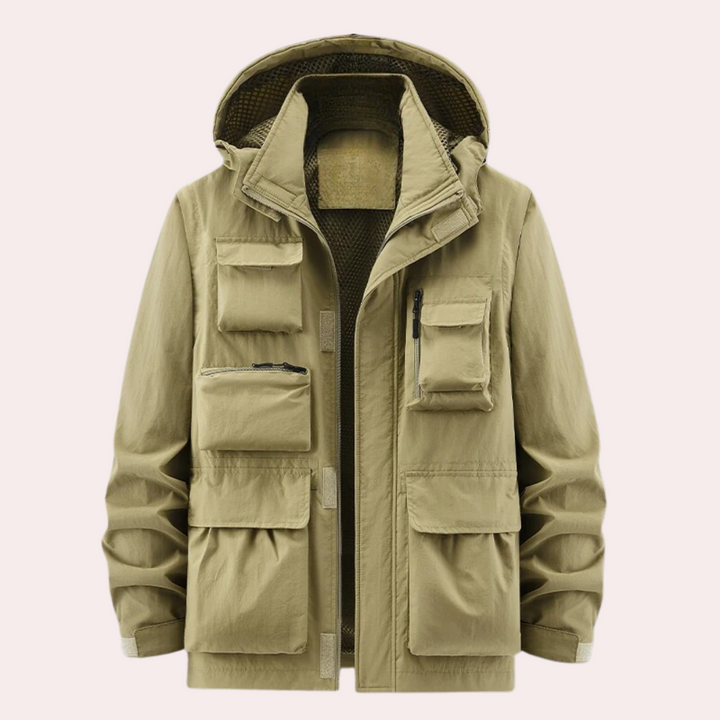 Warm heren winterjas, waterdicht en ademend, geschikt voor herenmode en actieve outdoor activiteiten in de regen.