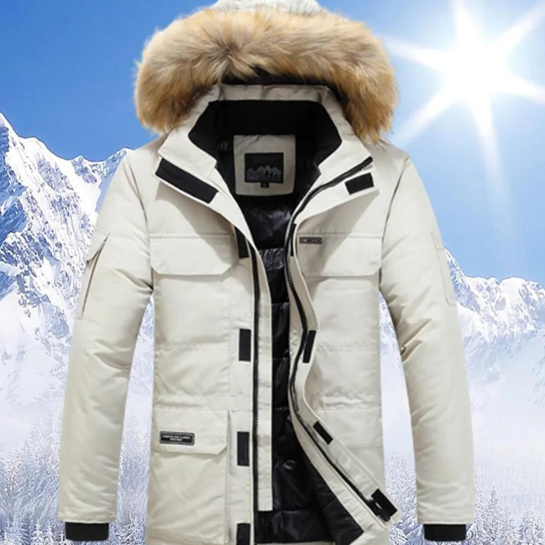 Stijlvolle heren parka, lange winterjas met capuchon voor optimale warmte en bescherming.