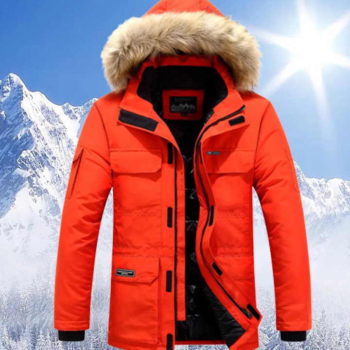 Moderne heren winter parka, lange pasvorm, met comfortabele capuchon en weerbestendige stof.