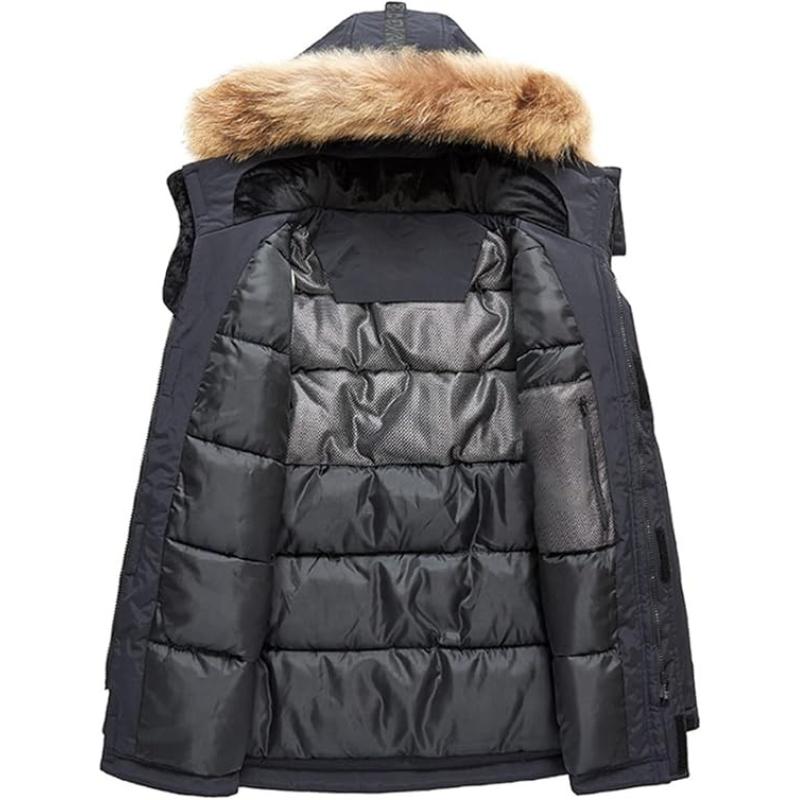 Functionele heren parka met capuchon, lange snit en robuuste constructie voor winterse omstandigheden.