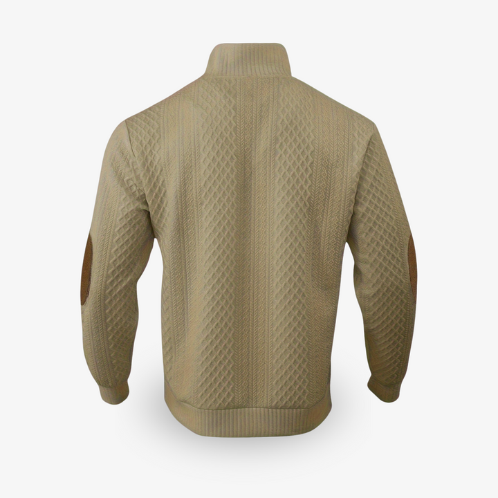 Close-up van de zachte stof van de Evan heren wintertrui, voor ultiem comfort en warmte.