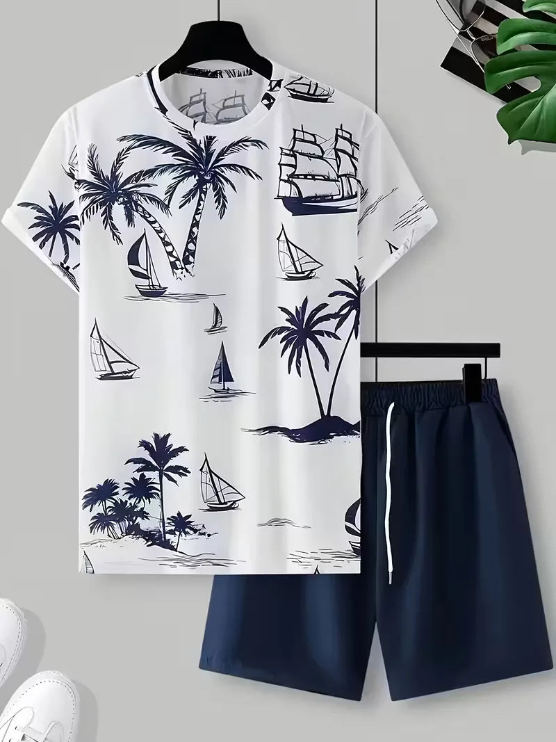 Close-up van de 3D tropische print op een heren zomer shirt. Detail van de levendige kleuren en textuur.