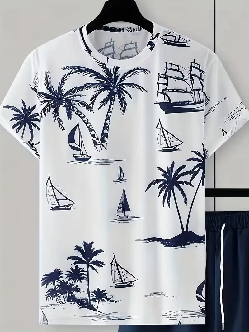 Model draagt een complete heren zomer kledingset met tropische 3D print. Strandoutfit met comfort & stijl.