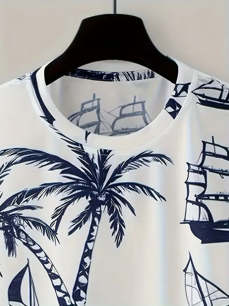 Heren casual zomerset met dynamische 3D tropische print. Perfecte strand- en vakantie kleding, comfortabel en modieus.