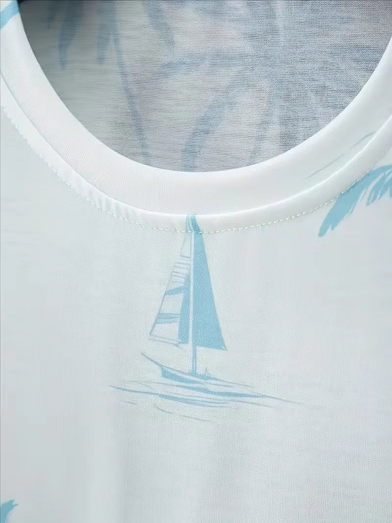 Heren zomerse set: comfortabel korte mouwen shirt en shorts met frisse tropische 3D print voor vakantie.