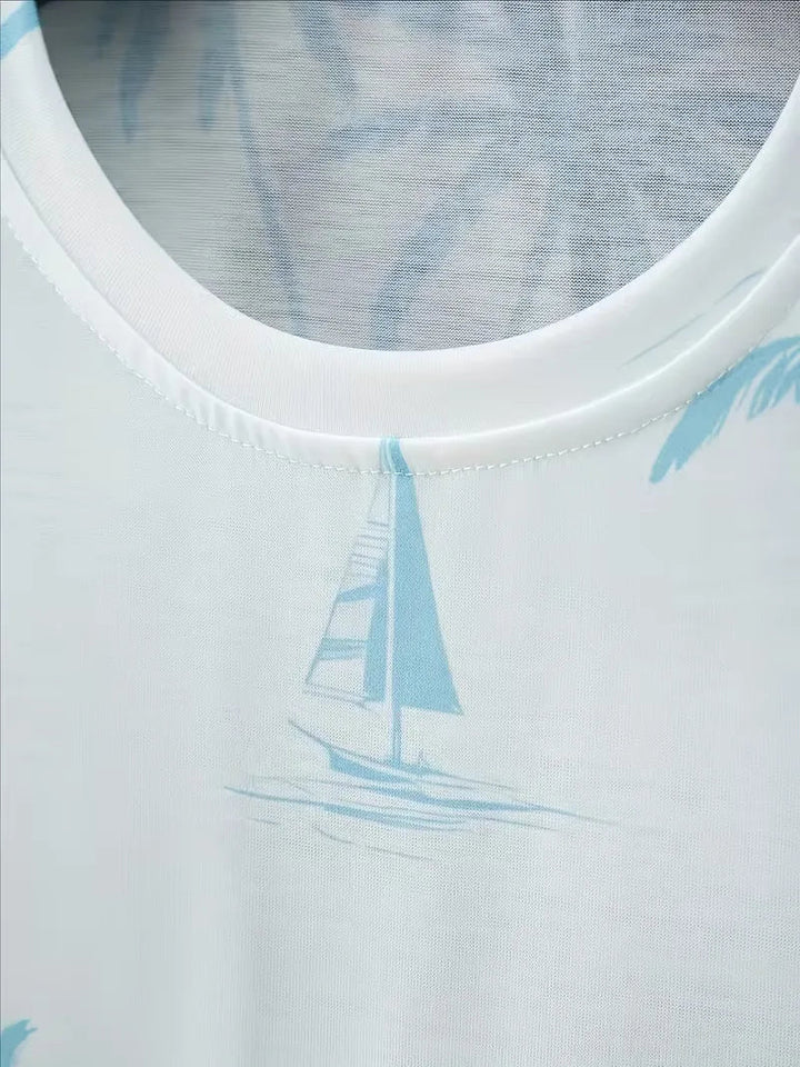 Heren zomerse set: comfortabel korte mouwen shirt en shorts met frisse tropische 3D print voor vakantie.