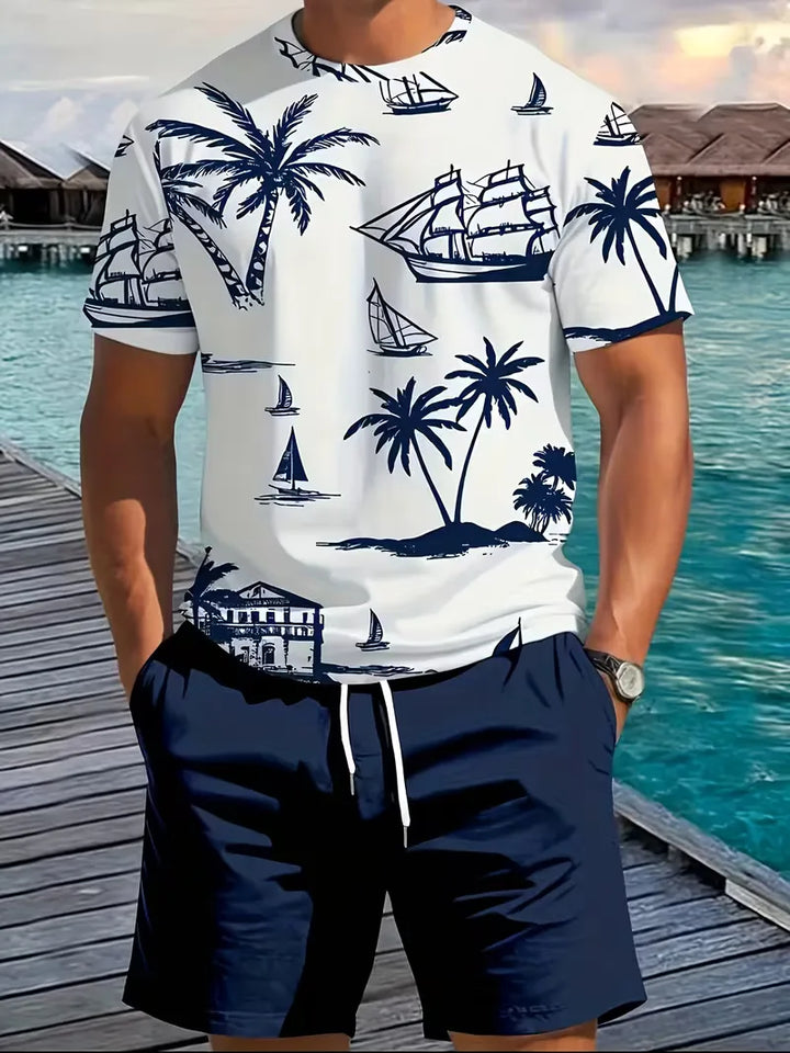 Heren vakantie kleding met tropische 3D print. Complete set met comfortabel shirt en shorts voor stranddagen.