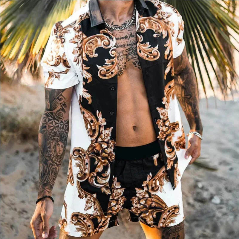 Heren zomer set met print, licht en luchtig voor strand of vakantie. Ideale tweedelige outfit voor warme dagen.