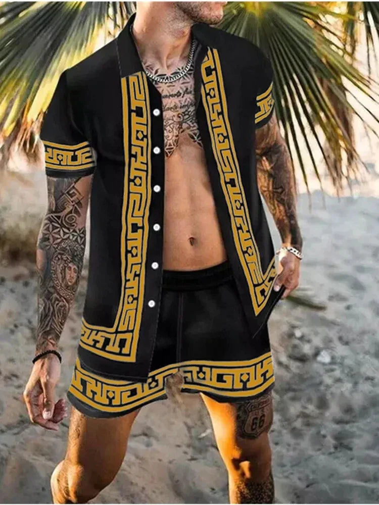 Relaxte heren zomer set met print. Comfortabele tweedelige outfit voor strand, vakantie of vrije tijd.