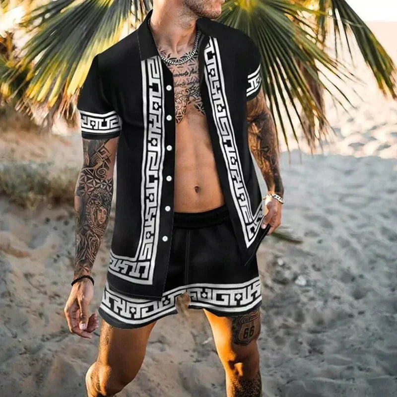 Heren zomer set: licht overhemd en short met print. Comfortabele tweedelige casual outfit.