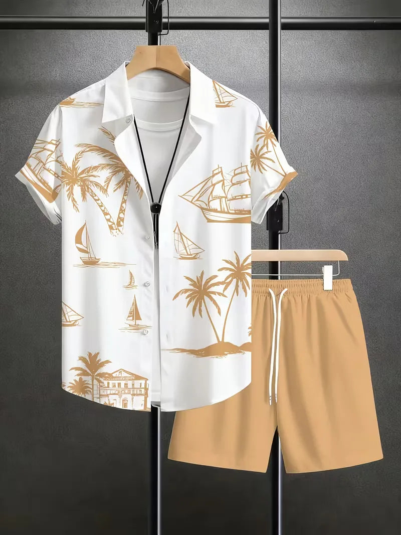 Modieuze heren strandkleding: abrikooskleurige set met shorts en casual shirt, perfect voor de zomer en vakantie.
