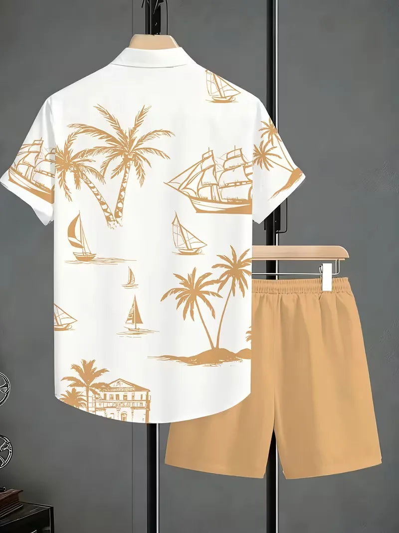 Heren vakantiekleding: tropische print set met shorts & shirt. Stijlvolle en comfortabele zomerkleding voor mannen.