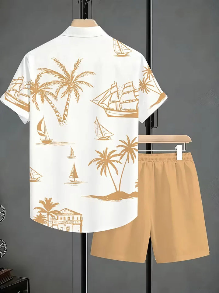 Heren vakantiekleding: tropische print set met shorts & shirt. Stijlvolle en comfortabele zomerkleding voor mannen.