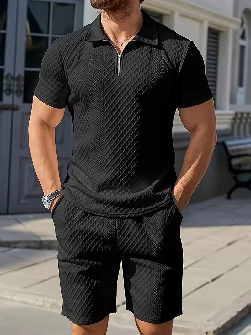 Heren zomer set: stijlvolle jacquard polo met rits en comfortabele shorts, perfect voor casual dagen.