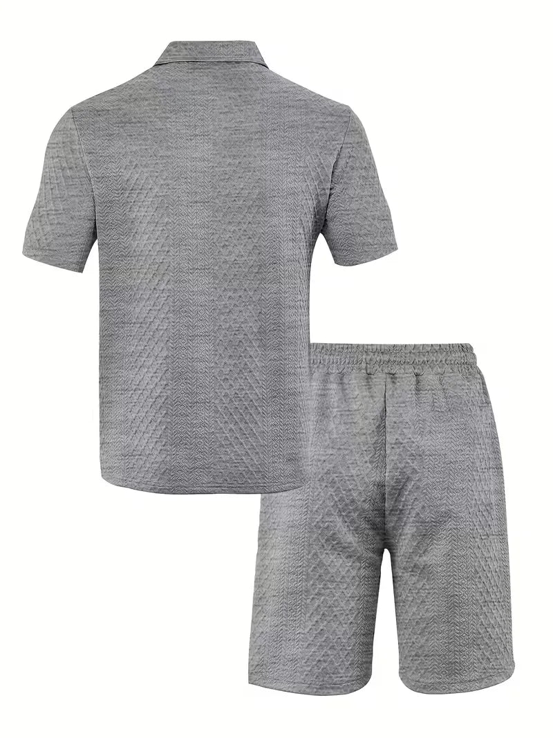 Heren tweedelige zomer set: jacquard polo met diamant patroon en flexibele shorts.