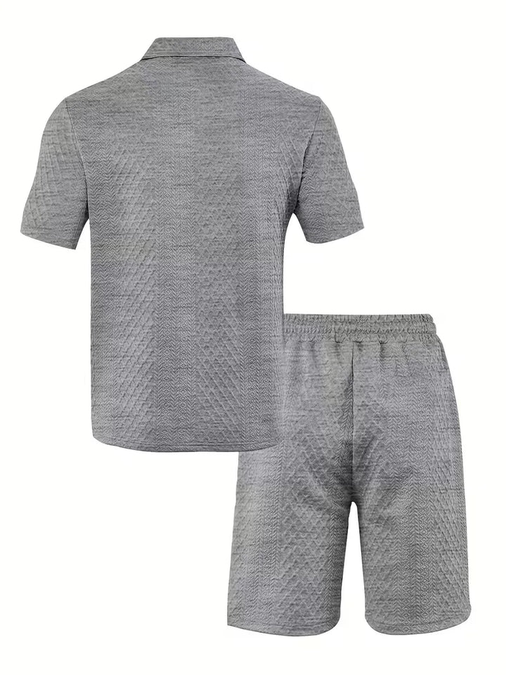 Heren tweedelige zomer set: jacquard polo met diamant patroon en flexibele shorts.