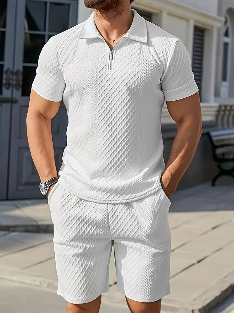 Heren jacquard polo set met shorts: een comfortabele en modieuze keuze voor warme dagen.