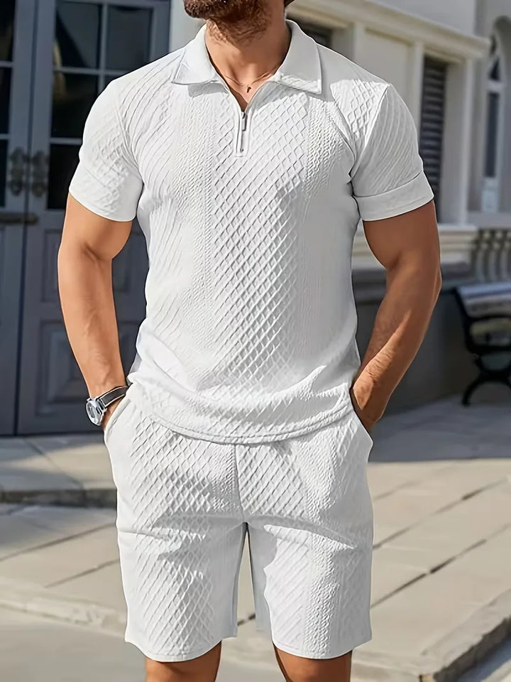 Heren jacquard polo set met shorts: een comfortabele en modieuze keuze voor warme dagen.