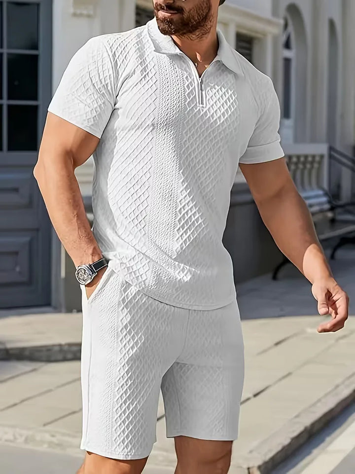 Heren jacquard polo met V-hals en bijpassende shorts, een stijlvolle zomer set.