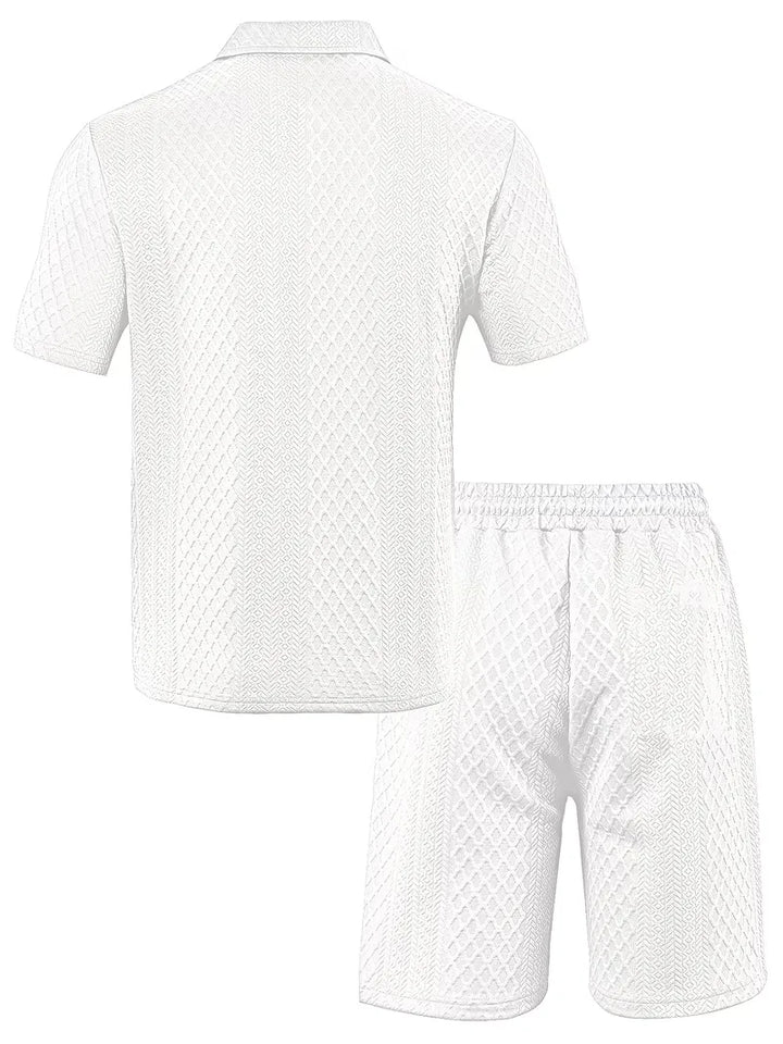 Modieuze heren jacquard polo en shorts set, perfect voor een casual maar stijlvolle zomer.